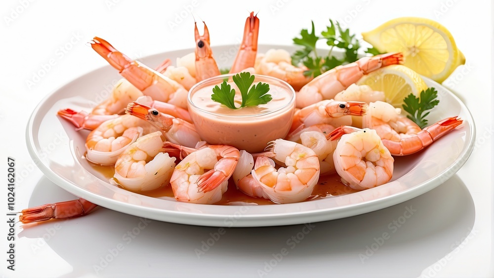 A plate of steamed shrimp with lemon wedges and cocktail sauce, fresh and vibrant, isolated on white background.-g A plate of steamed shrimp with lemon wedges and cocktail sauce, fresh and vibrant, isolated on white background.-g