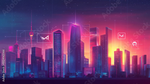 A modern city with skyscrapers, illuminated by the rising sun, is connected by a fast 5G network. Icons show the city's buildings and infrastructure, all linked together by high-speed internet.