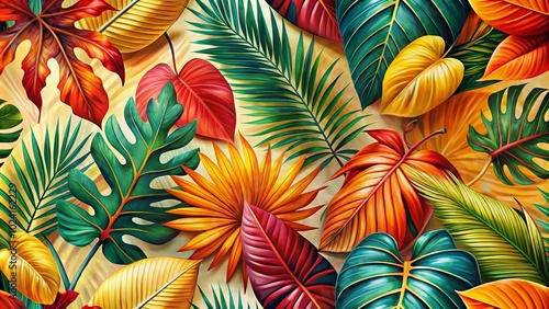 Tropical Foliage Background in Autumn Colors - Seamless Botanical Pattern of Palm Leaves on Light Background for Design