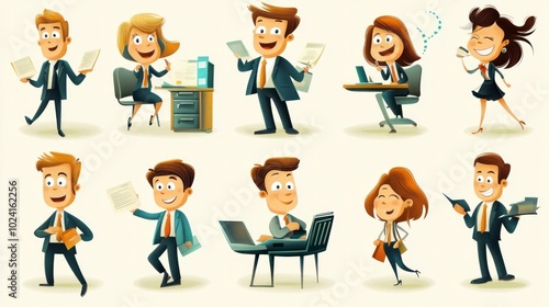 Cartoon vector set of business people, showcasing different office activities in a colorful and lively style