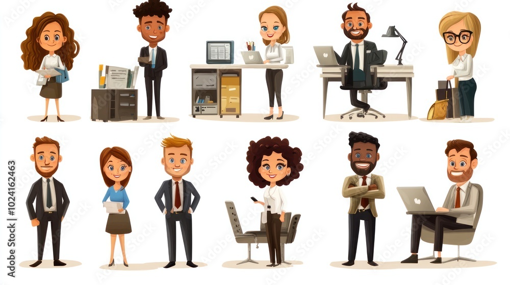 Cartoon-style vector set of office life, showing diverse professionals working together Cartoon-style vector set of office life, showing diverse professionals working together