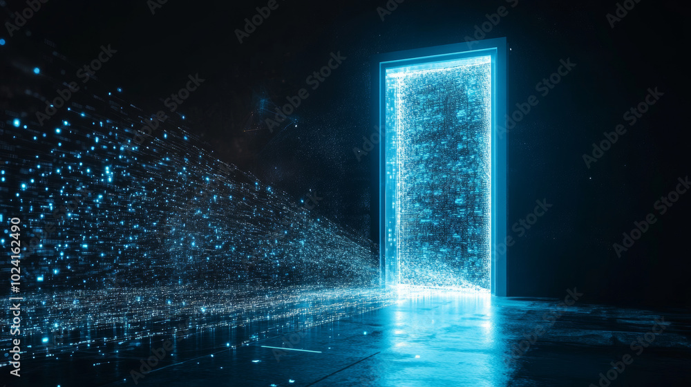 A futuristic door opens into a world of digital data and virtual reality. This portal leads to a fantasy realm, an artificial universe built from code. A futuristic door opens into a world of digital data and virtual reality. This portal leads to a fantasy realm, an artificial universe built from code.