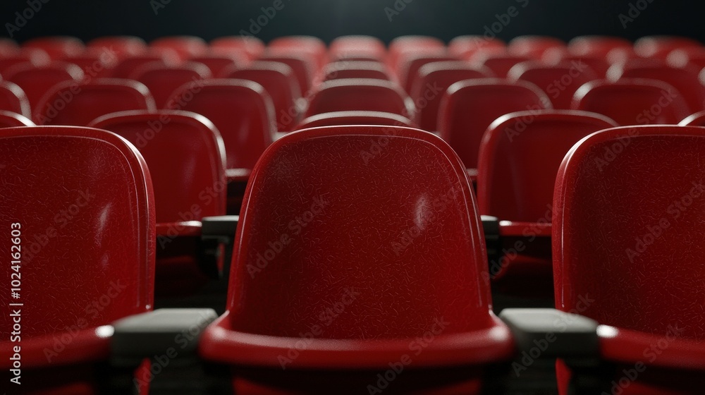Fototapeta premium Red Stadium Seats in Empty Auditorium Rows of Seating for Event and Entertainment