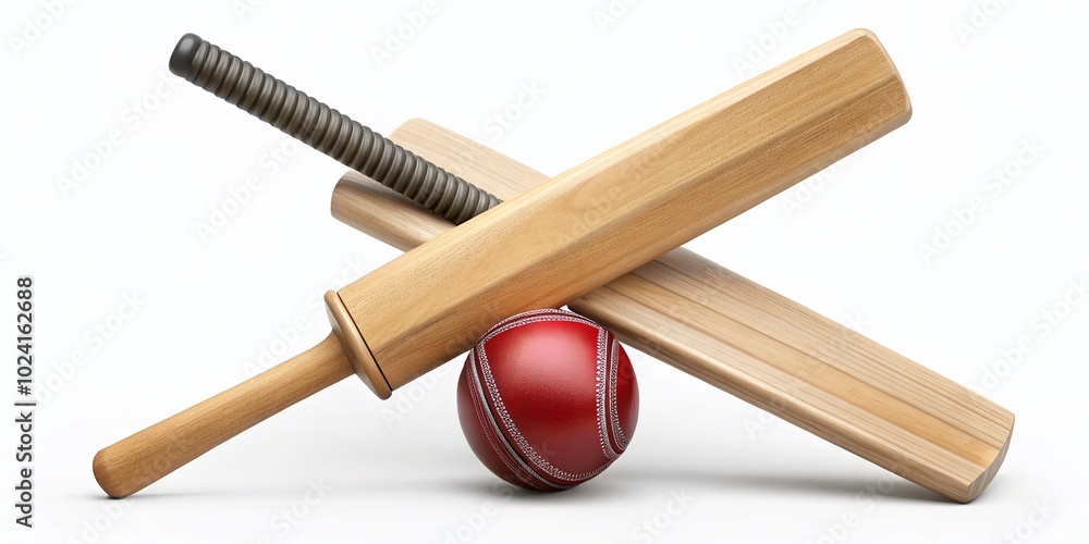 Two Cricket Bats Crossed with Cricket Ball Isolated - 3D Render of Sports Game Equipment Icon for Cricket Two Cricket Bats Crossed with Cricket Ball Isolated - 3D Render of Sports Game Equipment Icon for Cricket