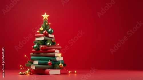 Christmas tree made of books decorated with lights, star and ornaments over red background. Library, bookshop or education banner with copy space. Xmas and New Year holidays celebration greeting card.