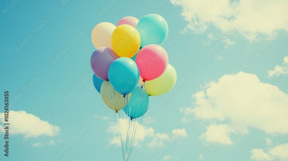 Colorful balloons are flying in the sunny day sky Colorful balloons are flying in the sunny day sky