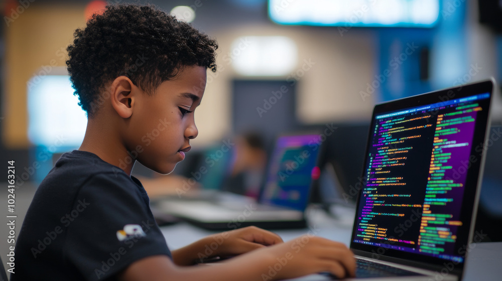 A bright boy is learning to code on his laptop. He's using Scratch, a fun programming language, to create apps for computers and phones. He's learning these skills at a coding school for kids. A bright boy is learning to code on his laptop. He's using Scratch, a fun programming language, to create apps for computers and phones. He's learning these skills at a coding school for kids.