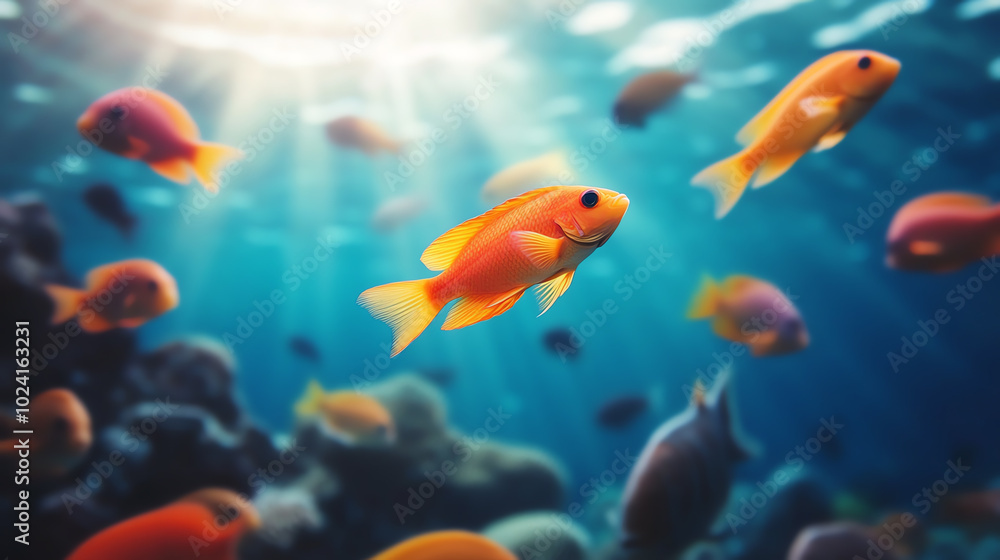A vibrant underwater scene featuring colorful goldfish swimming gracefully among coral reefs, showcasing the beauty of marine life in a serene aquatic environment. A vibrant underwater scene featuring colorful goldfish swimming gracefully among coral reefs, showcasing the beauty of marine life in a serene aquatic environment.