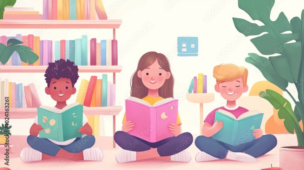 Children reading on digital devices, vector illustration with kids immersed in colorful e-books and interactive stories Children reading on digital devices, vector illustration with kids immersed in colorful e-books and interactive stories