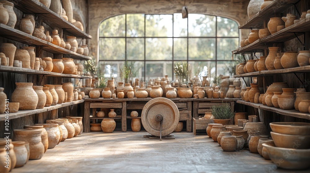 A pottery workshop with shelves full of clay pots, a potter's wheel in the center, and a large window overlooking a garden. A pottery workshop with shelves full of clay pots, a potter's wheel in the center, and a large window overlooking a garden.