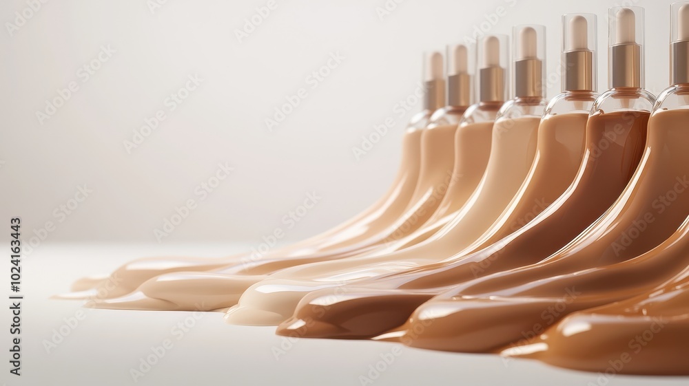 Bottles of makeup foundation and cushion,Collection of skin foundation bottles in different shades and samples on color background,makeup essentials,Cushion Foundation liquid and swatche,copy space. Bottles of makeup foundation and cushion,Collection of skin foundation bottles in different shades and samples on color background,makeup essentials,Cushion Foundation liquid and swatche,copy space.