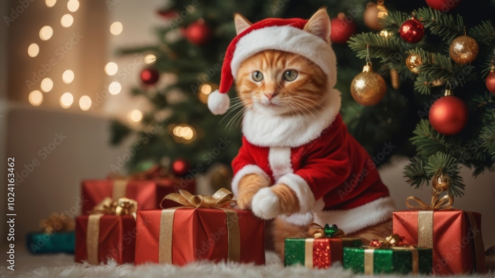 Cute ginger cat in Santa costume putting presents under the holiday tree Cute ginger cat in Santa costume putting presents under the holiday tree
