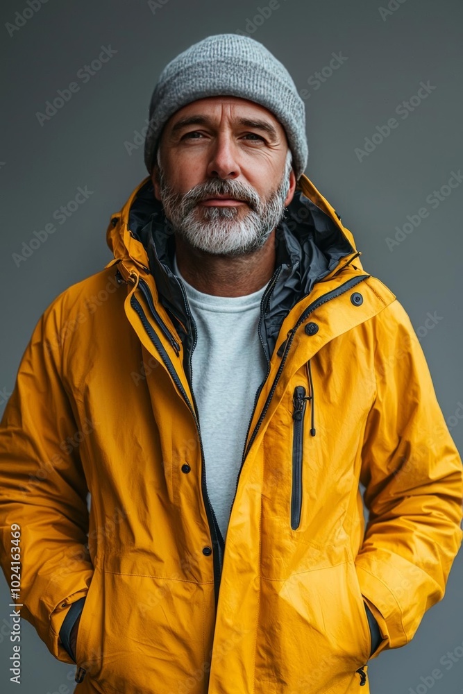 A mature man in a yellow jacket and gray beanie, posing confidently against a neutral background, exuding warmth and style. A mature man in a yellow jacket and gray beanie, posing confidently against a neutral background, exuding warmth and style.