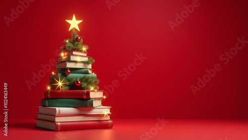 Christmas tree made of books decorated with lights, star and ornaments over red background. Library, bookshop or education banner with copy space. Xmas and New Year holidays celebration greeting card. photo