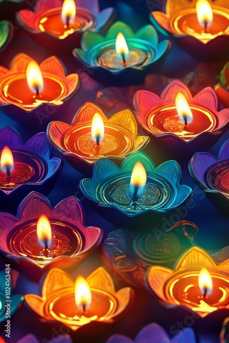 Diwali layout with a repeating pattern of glowing lamps and vibrant colors.