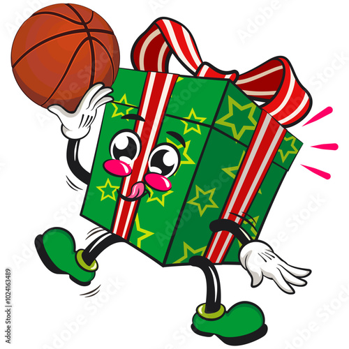 green gift box cartoon character and stars pattern with a red ribbon isolated vector illustration playing basketbal, the concept of birthday, christmas, new year, work of hand drawn