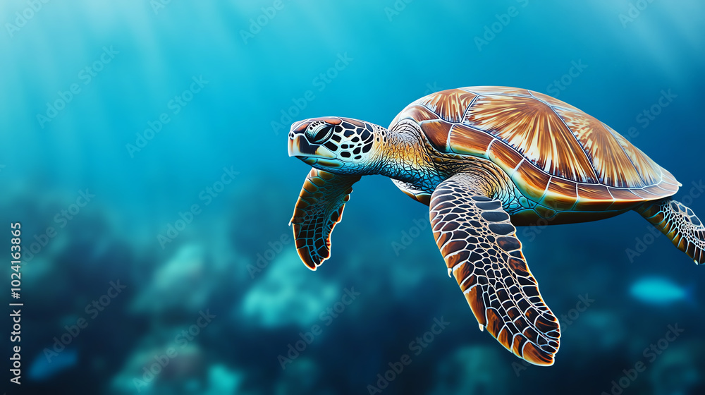 Fototapeta premium A majestic sea turtle gracefully swimming underwater amidst vibrant coral reefs, showcasing its beautiful shell and serene environment.