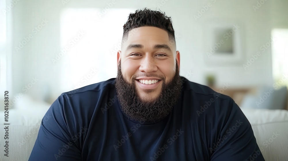 Happy Maori Man Smiling on Couch in Living Room Happy Maori Man Smiling on Couch in Living Room