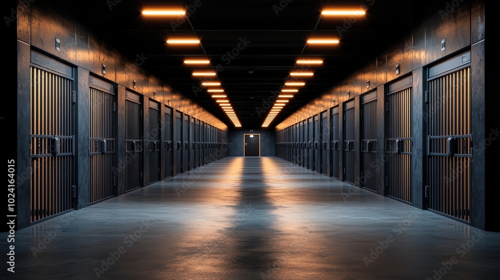 Prison Corridor with Locked Cells and Bars Security Confinement Justice Prison Corridor with Locked Cells and Bars Security Confinement Justice