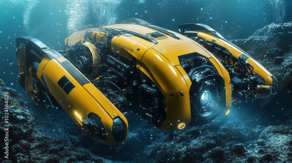 This is a robot that works underwater without anyone controlling it. It has robotic arms for doing tasks. It's like a modern underwater drone that can explore the ocean floor, including shipwrecks. This is a robot that works underwater without anyone controlling it. It has robotic arms for doing tasks. It's like a modern underwater drone that can explore the ocean floor, including shipwrecks.