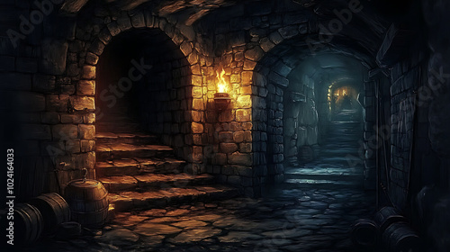 A dark, mysterious underground dungeon depicted by stone walls, flickering torches and eerie shadows.