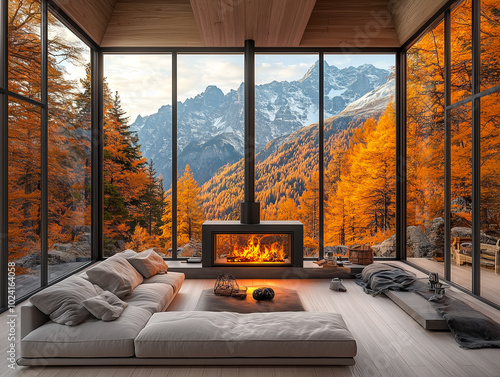 Log cabin fireplace in Autumn