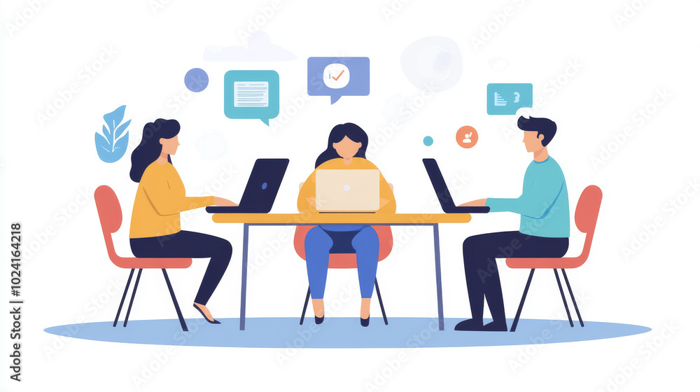 Working together from home using laptops and the internet. Teams communicate, meet, and work remotely using online tools. Working together from home using laptops and the internet. Teams communicate, meet, and work remotely using online tools.