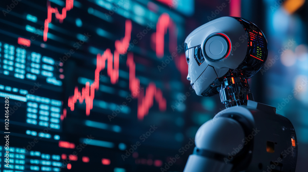 A robot uses artificial intelligence to analyze stock market charts. A female robot assistant helps trade foreign currencies. Automated AI systems create trading strategies for the stock market. A robot uses artificial intelligence to analyze stock market charts. A female robot assistant helps trade foreign currencies. Automated AI systems create trading strategies for the stock market.