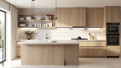 Light home kitchen interior with bar counter, sink and kitchenware with shelves