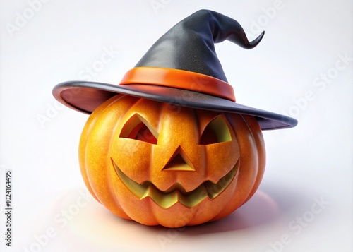 Vibrant 3D Pumpkin Jack o' Lantern with Witch Hat for Halloween Celebrations and Festive Decorations