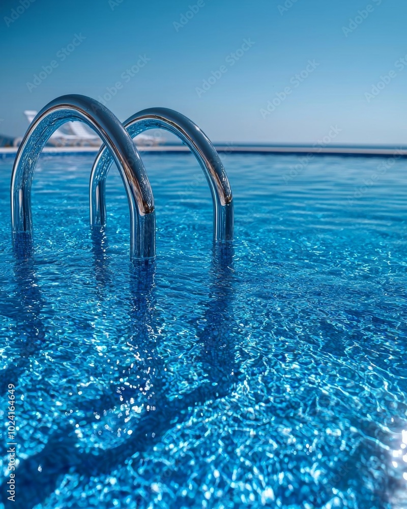 A serene swimming pool with shimmering blue water and elegant metal ladder under a clear sky, perfect for relaxation. A serene swimming pool with shimmering blue water and elegant metal ladder under a clear sky, perfect for relaxation.