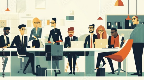 Corporate team vector illustration, featuring diverse business characters working in a contemporary office