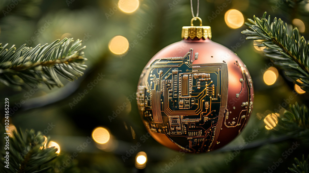 A Christmas tree ornament shaped like a bauble. A futuristic Christmas card with electronic and scientific themes. A Christmas decoration that looks like a circuit board. A Christmas tree ornament shaped like a bauble. A futuristic Christmas card with electronic and scientific themes. A Christmas decoration that looks like a circuit board.