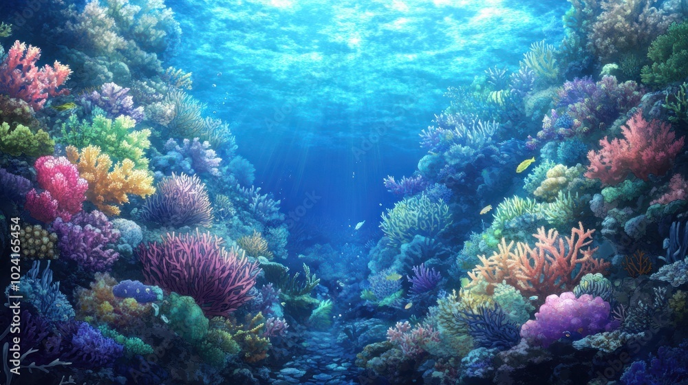 Fototapeta premium Vibrant Coral Reef Scene with Sunbeams and Fish