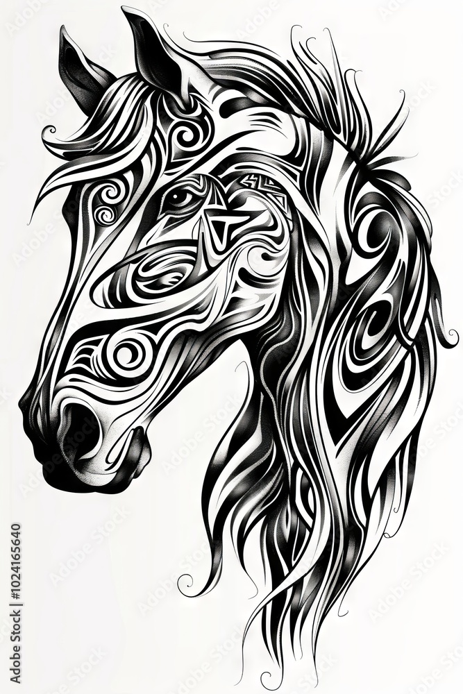 Obraz premium Horse head with intricate tribal designs in a conceptual illustration.