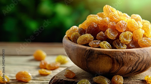 Bowl of golden raisins on a wooden table.