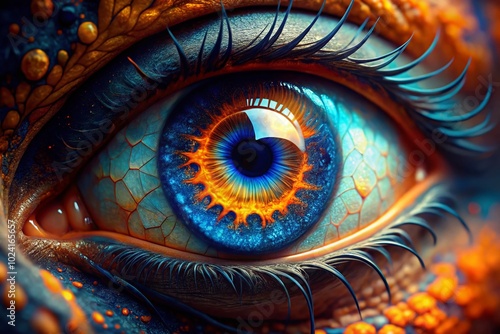 Vibrant Close-Up of a Blue and Orange Eye with Natural Abstract Patterns Captured in AI-Generated Imagery