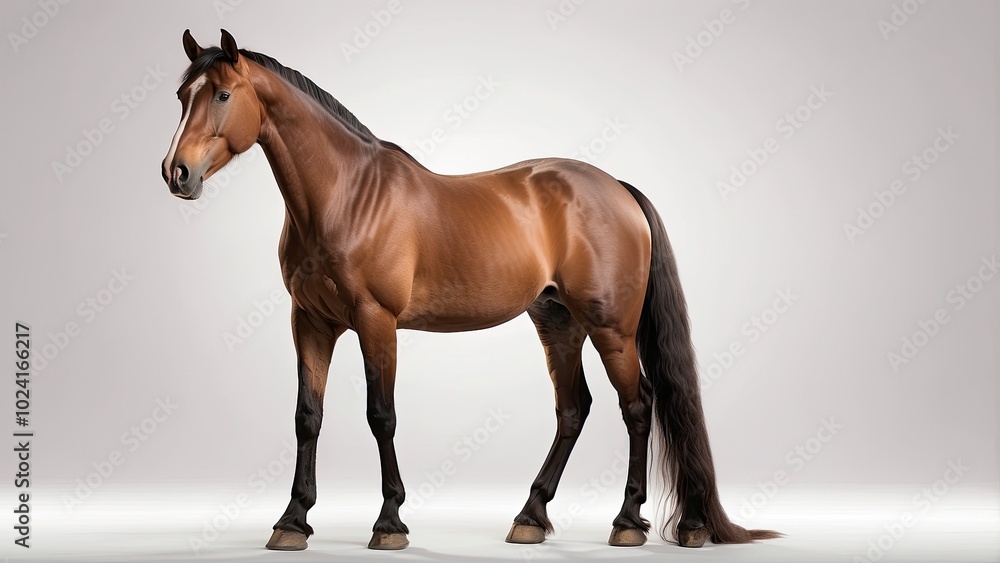 A calm mare standing tall with a sleek coat and gentle expression, representing beauty and serenity, isolated on white A calm mare standing tall with a sleek coat and gentle expression, representing beauty and serenity, isolated on white