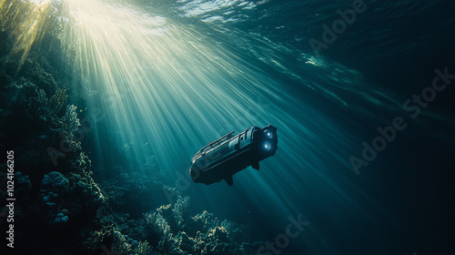 A robotic submarine with a camera explores the ocean floor, where sunlight beams through the water. photo