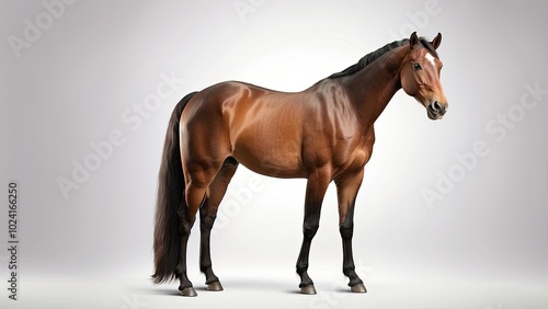 A calm mare standing tall with a sleek coat and gentle expression, representing beauty and serenity, isolated on white