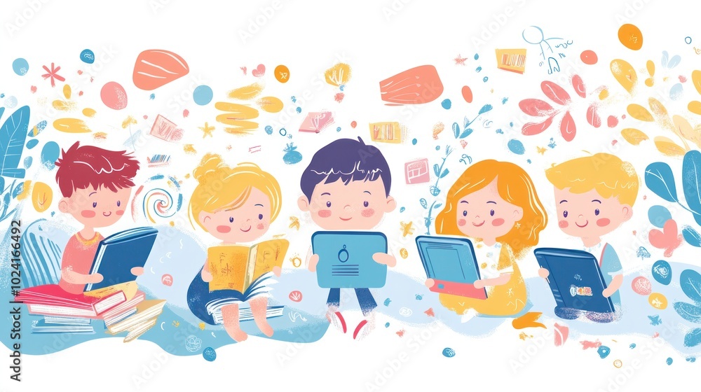 Digital learning concept with children and fairy tales, vector illustration showing kids reading on e-devices