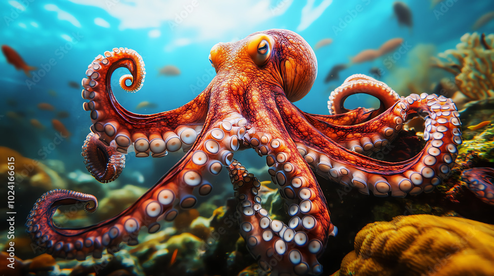 A vibrant, colorful octopus gracefully moving through a coral reef, surrounded by various fish and marine life, showcasing the beauty of underwater ecosystems. A vibrant, colorful octopus gracefully moving through a coral reef, surrounded by various fish and marine life, showcasing the beauty of underwater ecosystems.