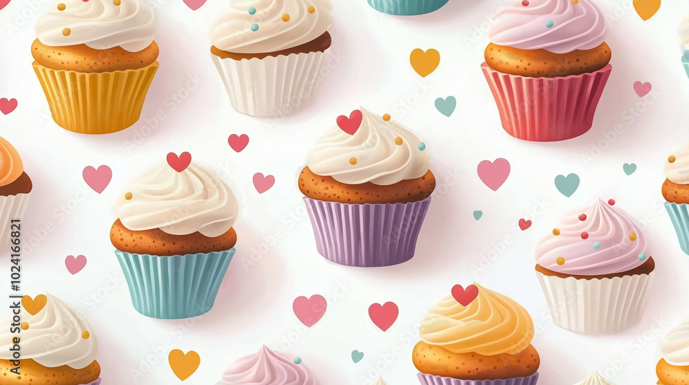 A playful pattern of colorful cupcakes with creamy frosting and fun decorations, perfect for dessert lovers. A playful pattern of colorful cupcakes with creamy frosting and fun decorations, perfect for dessert lovers.
