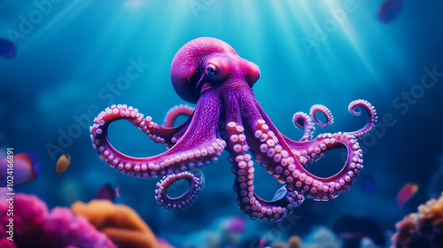 A vibrant underwater scene featuring a purple octopus gracefully gliding through coral reefs, with beams of sunlight penetrating the clear blue water.