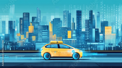 A driverless taxi in a futuristic city is planning its route. It's part of a service that uses electric cars that drive themselves. This smart car uses artificial intelligence to navigate. photo