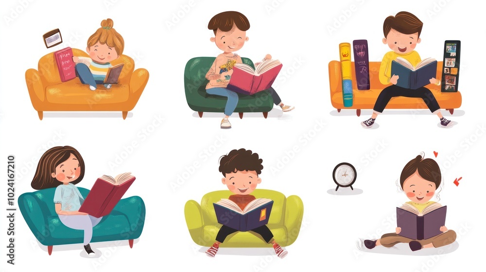 Digital reading scene with kids, vector set highlighting interactive books and story adventures on tablets Digital reading scene with kids, vector set highlighting interactive books and story adventures on tablets