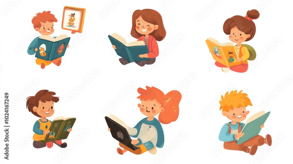 Digital reading vector set with kids and animated characters, bringing stories to life through tablets Digital reading vector set with kids and animated characters, bringing stories to life through tablets