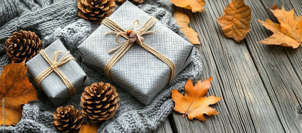 Fototapeta premium An arrangement of gray-wrapped gifts, pine cones, and autumn leaves on a wooden background