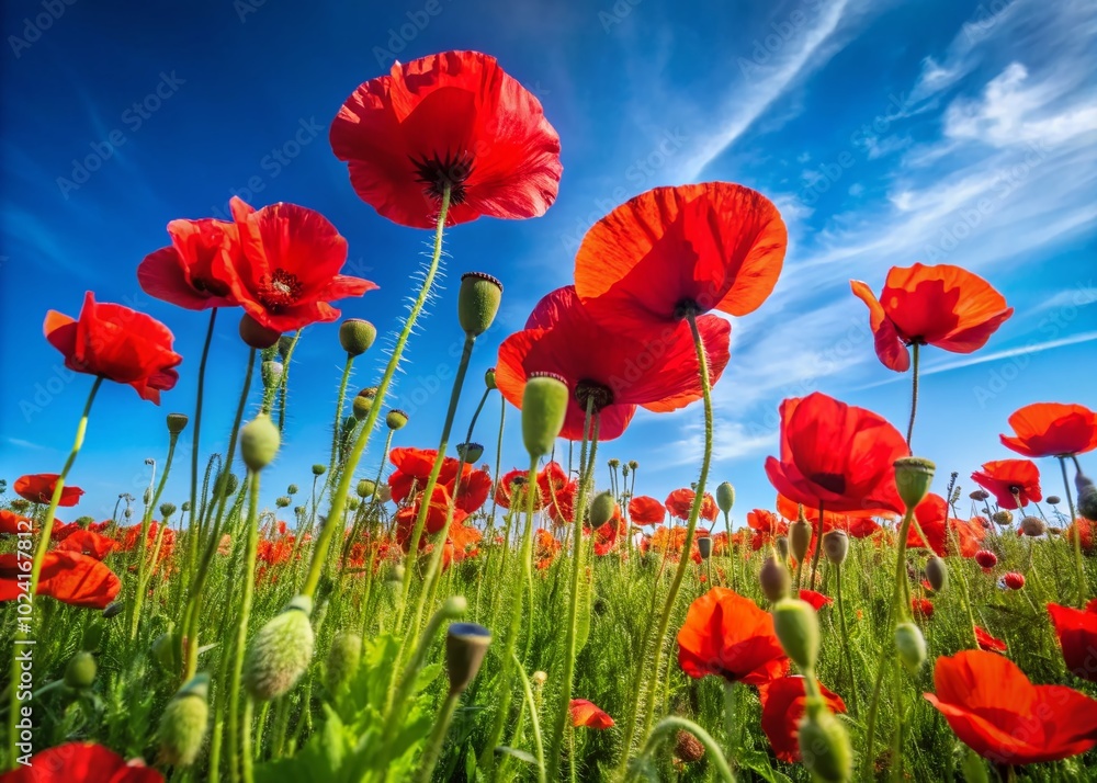 Vibrant Red Poppies in Full Bloom Against a Clear Blue Sky - Perfect for Nature and Floral Themes Vibrant Red Poppies in Full Bloom Against a Clear Blue Sky - Perfect for Nature and Floral Themes