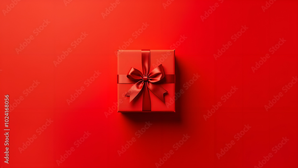 beautiful red square gift box with red bow on side on red background top view beautiful red square gift box with red bow on side on red background top view